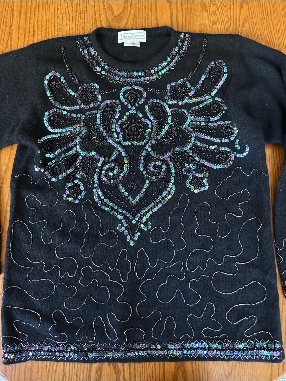 Black Embellished Crewneck Sweater with Iridescent Sequins - Picture 7 of 12